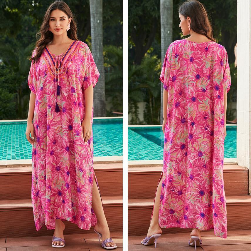 Rayon Rose Red Embroidered Beach Dress Outer Wear - Sluxe Fashions