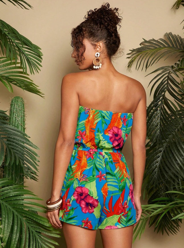 Women's Vacation Strapless Colorful Flower Pattern Printed Romper - Sluxe Global