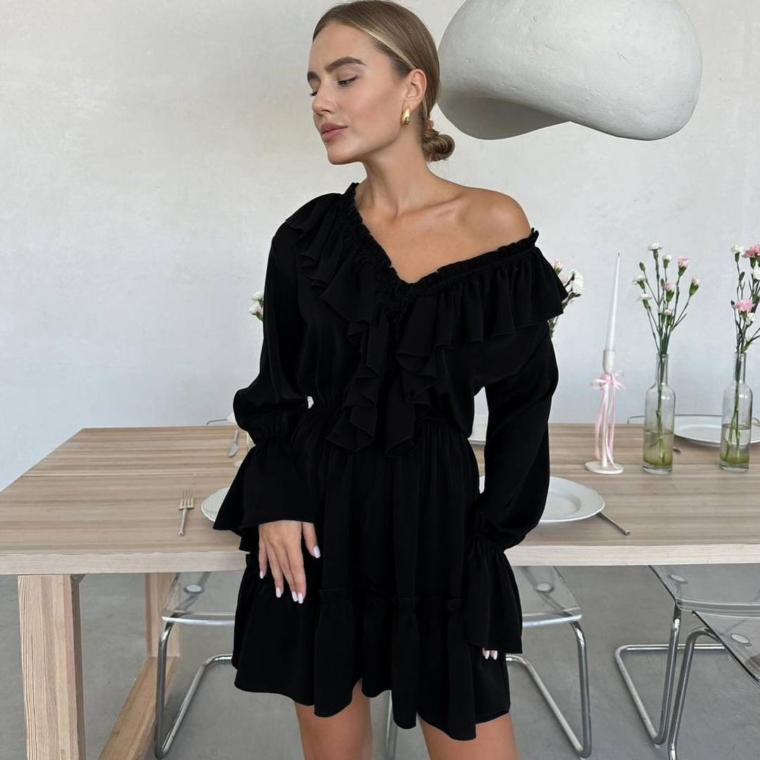 Fashion V Neck Pleated Ruffle Long Sleeve Dress Y2K V Neck Flared Sleeve Short Dress Women's Clothing - Sluxe Fashions
