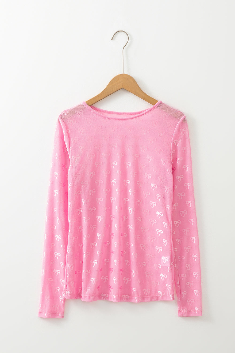 Pink Bow Pattern Long Sleeve Slim Fit Mesh Top - Sluxe Fashions
