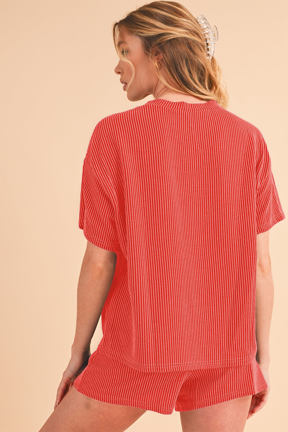 Orange Ribbed Textured Loose Fit Tee & Shorts Set - Sluxe Fashions