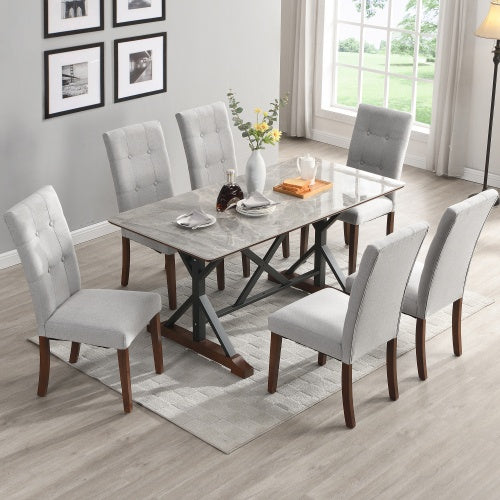 Modern Dining Table For 6-8, 7 Piece Kitchen Dining Table Set, Gray Sintered Stone Dining Table With 6 Tufted Upholstered Chairs, 63-inch Rectangle Dining Table For Dining Room - Sluxe Global