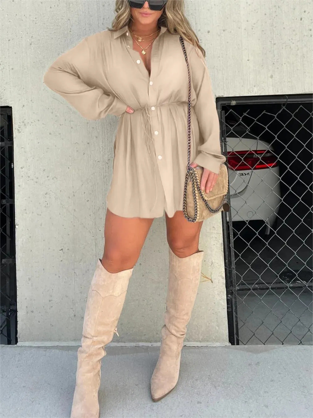 Women's Long Sleeve Jumpsuit With Button Fashion Shirt Dress - Sluxe Fashions