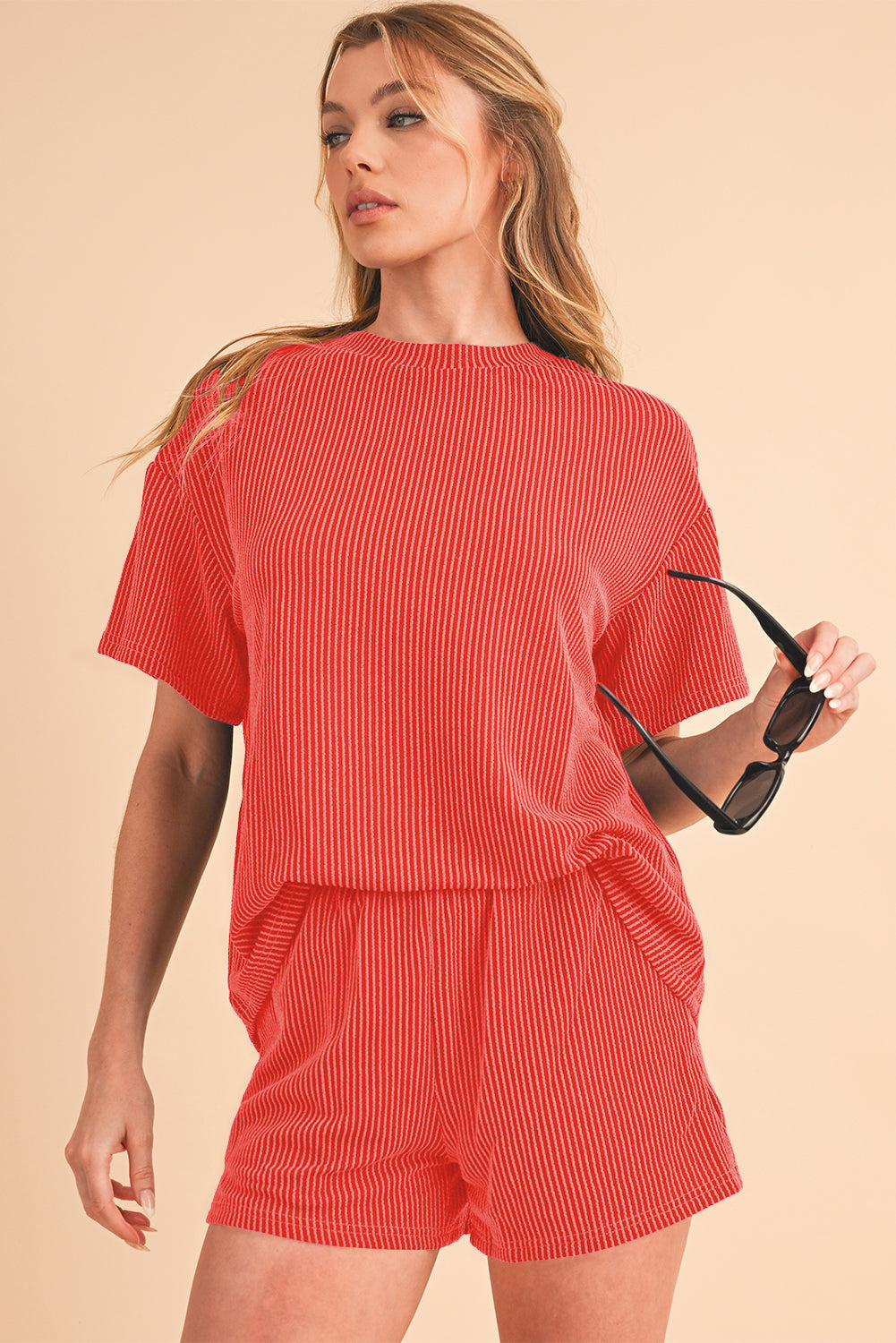 Orange Ribbed Textured Loose Fit Tee & Shorts Set - Sluxe Fashions