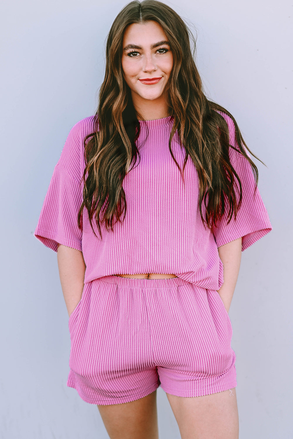 Orange Ribbed Textured Loose Fit Tee & Shorts Set - Sluxe Fashions