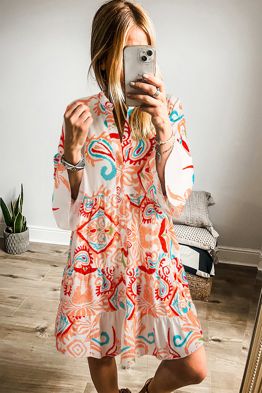 White Ethnic Print Boho Button Tiered Mini Dress - Sluxe Fashions
