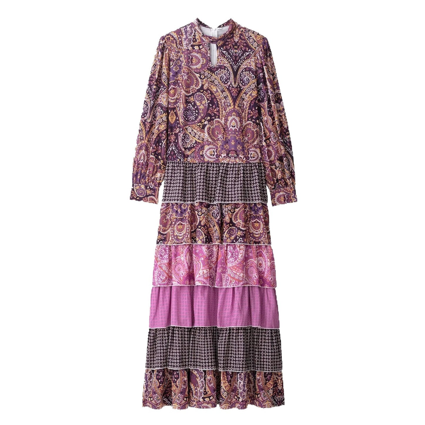Women's Clothing Stitching Printing Pullover Stand Collar Long Dress - Sluxe Global
