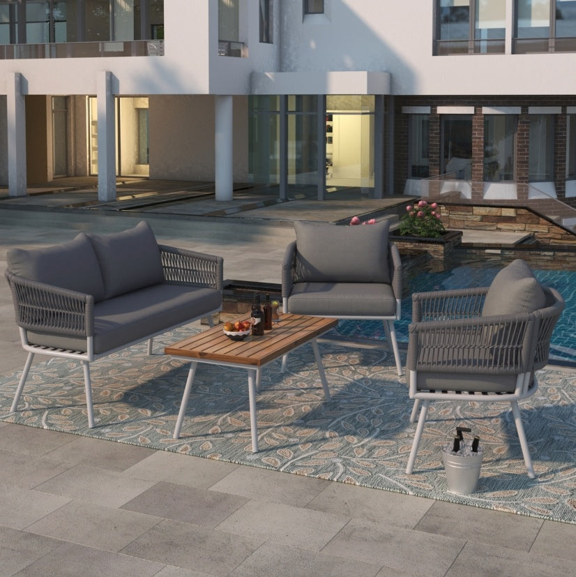 K&K 4-Piece Boho Rope Patio Furniture Set, Outdoor Furniture With Acacia Wood Table, Patio Conversat - Sluxe Global