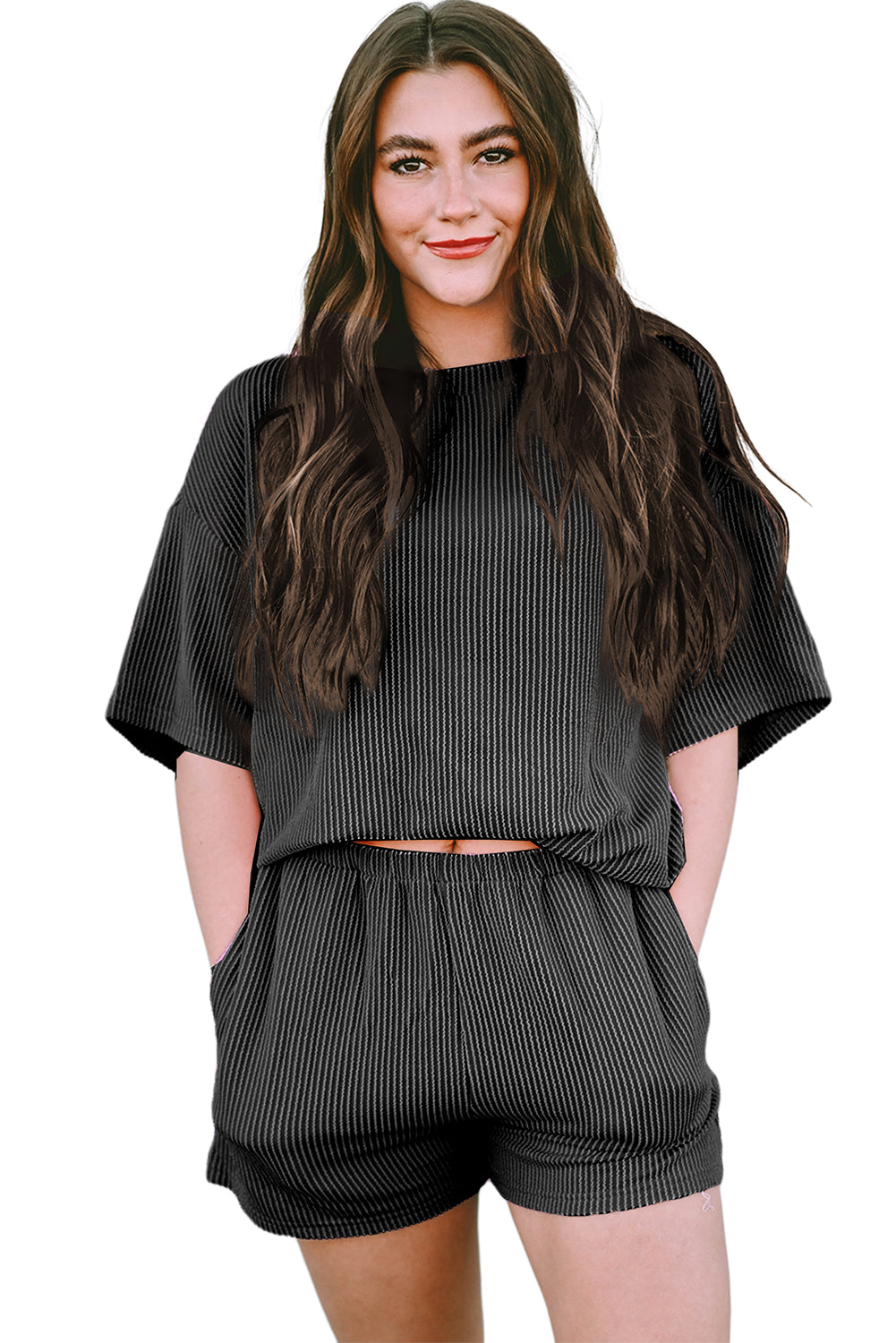 Orange Ribbed Textured Loose Fit Tee & Shorts Set - Sluxe Fashions