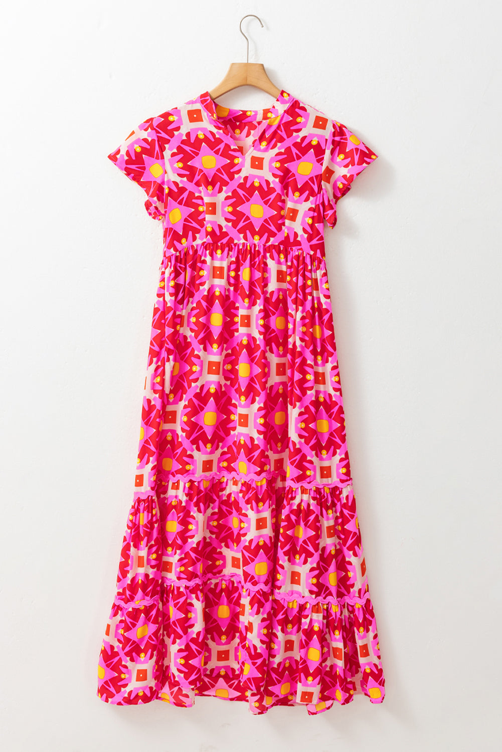 Sea Green Abstract Print Pleated Flounce Sleeve Maxi Dress - Sluxe Fashions