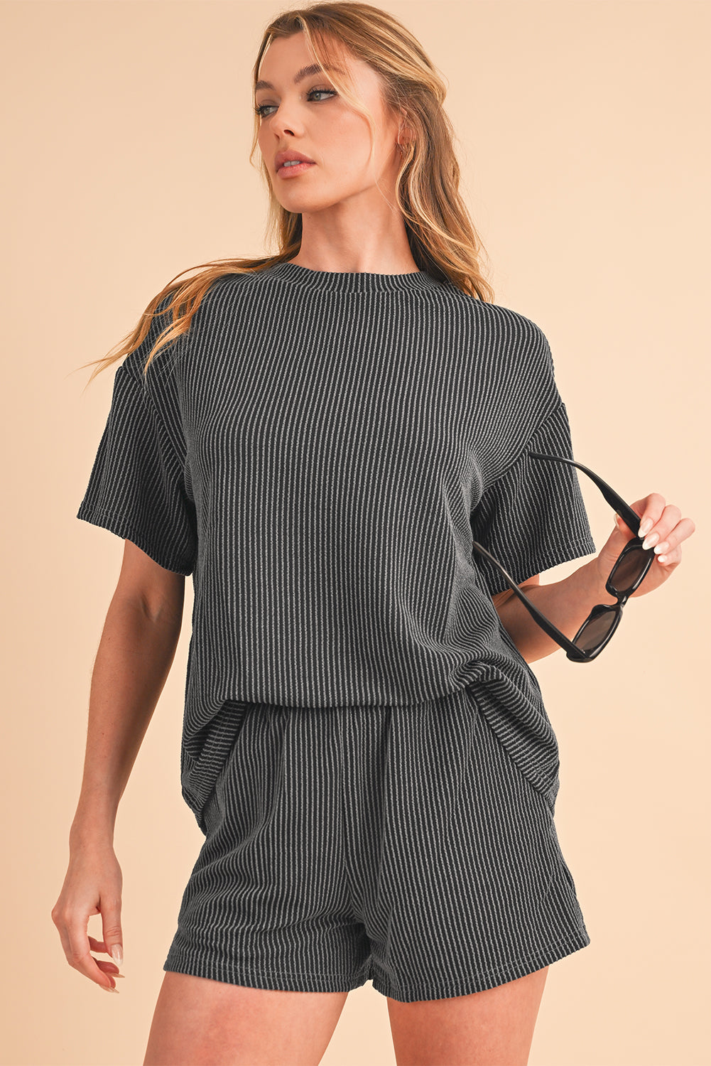 Orange Ribbed Textured Loose Fit Tee & Shorts Set - Sluxe Fashions
