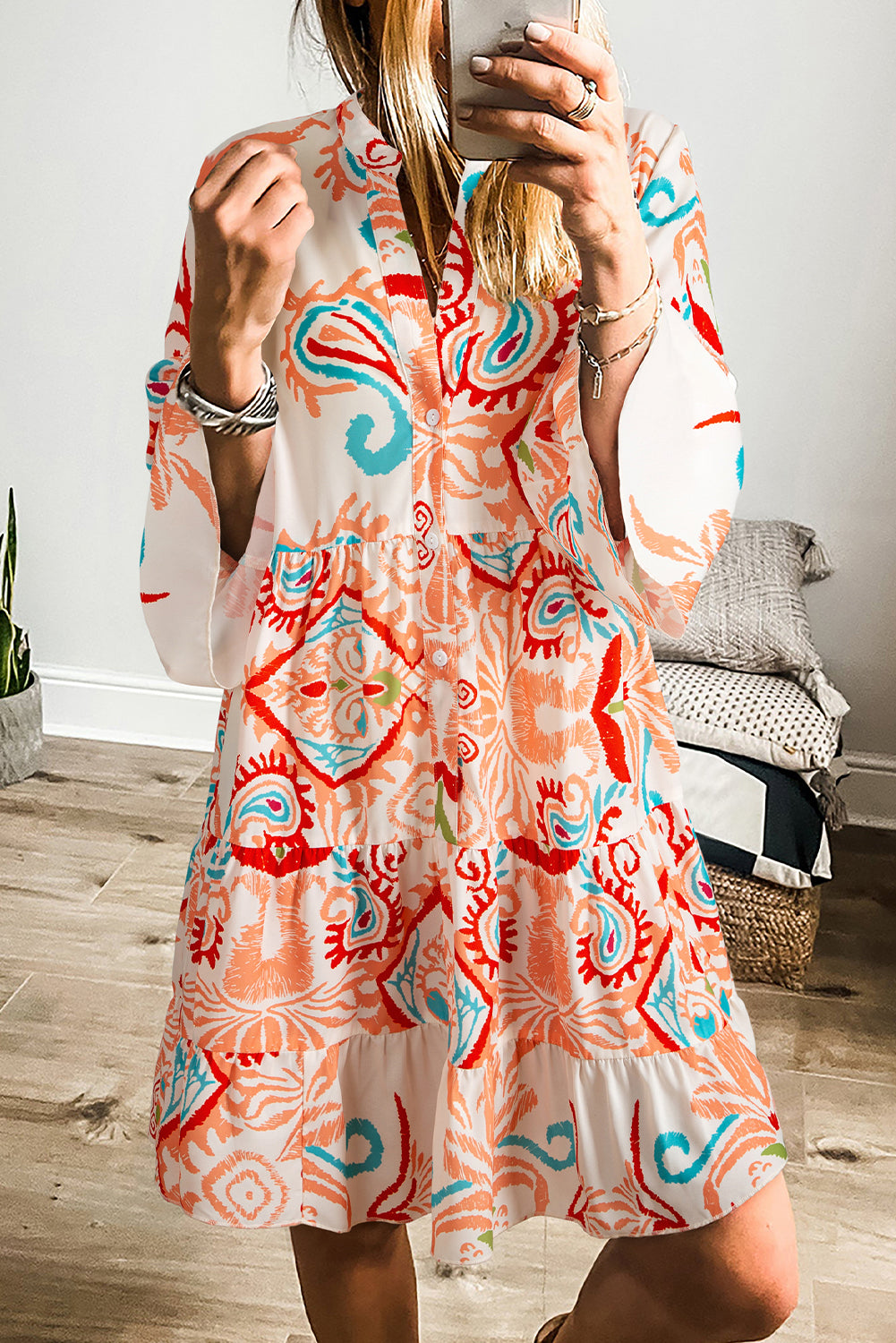 White Ethnic Print Boho Button Tiered Mini Dress - Sluxe Fashions