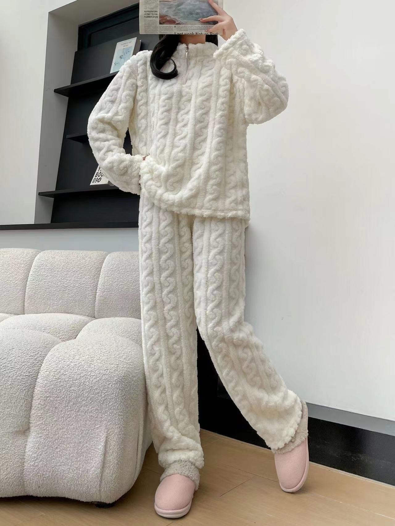 Autumn And Winter New Twist Zipper Couple Fleece-lined Thick Coral Fleece Pajamas Homewear Loungewear Sleepwear For Sleeping - Sluxe Fashions