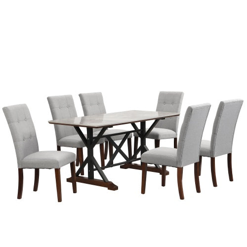 Modern Dining Table For 6-8, 7 Piece Kitchen Dining Table Set, Gray Sintered Stone Dining Table With 6 Tufted Upholstered Chairs, 63-inch Rectangle Dining Table For Dining Room - Sluxe Global