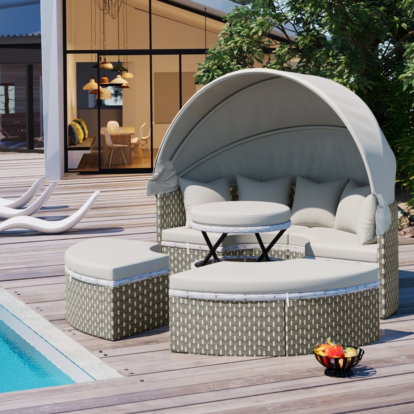 TOPMAX Patio Furniture Round Outdoor Sectional Sofa Set Rattan Daybed Two-Tone Weave Sunbed With Ret - Sluxe Global