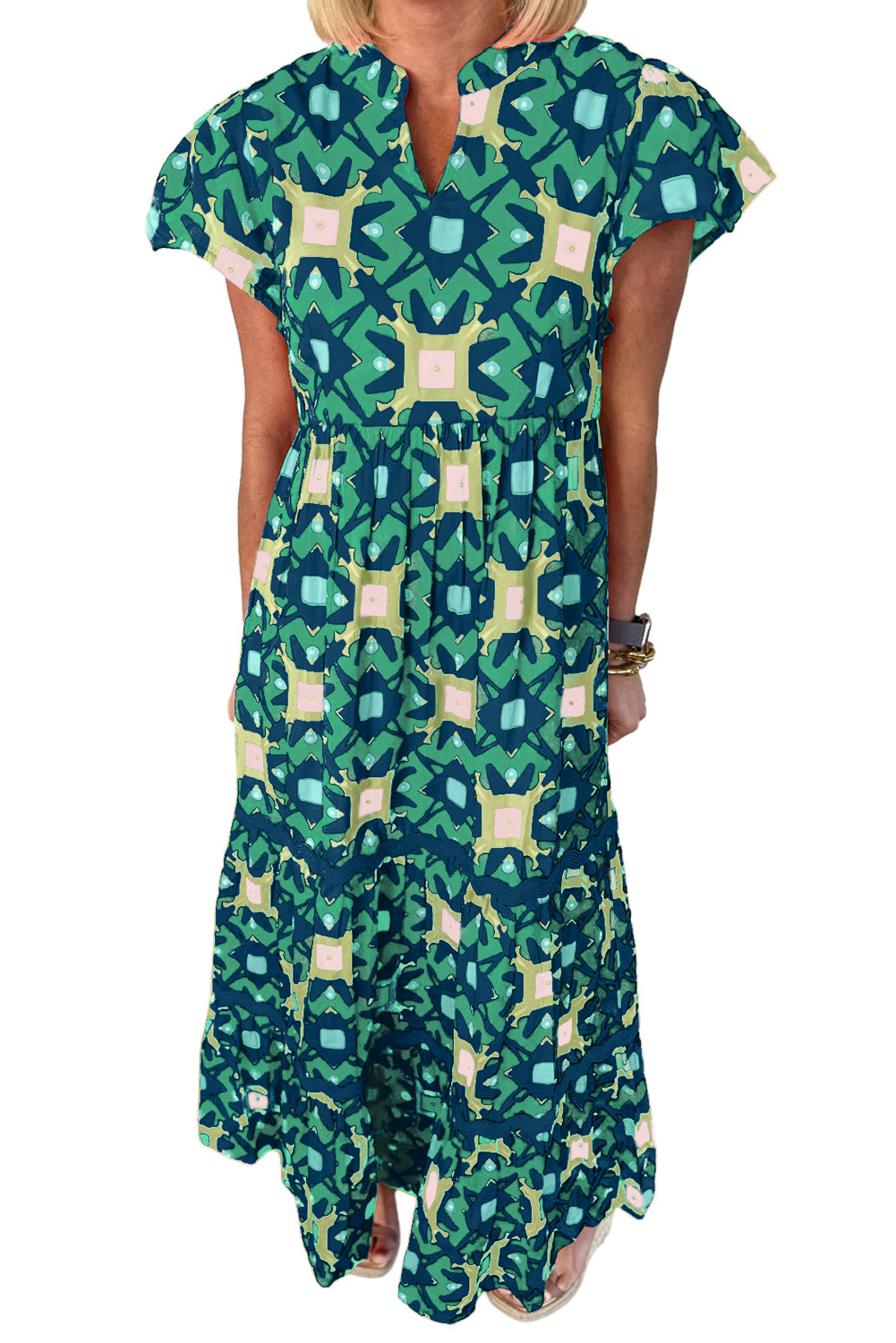 Sea Green Abstract Print Pleated Flounce Sleeve Maxi Dress - Sluxe Fashions