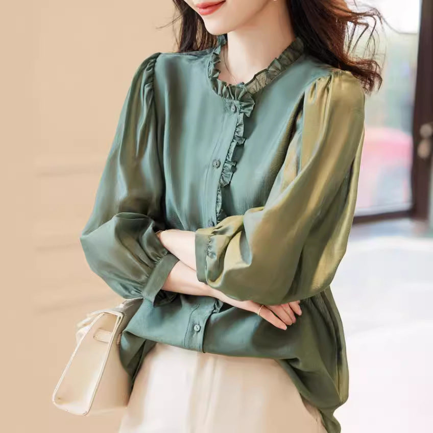 Nine-quarter Sleeve Shirt Women's Puff Sleeve Thin Solid Color Top - Sluxe Global