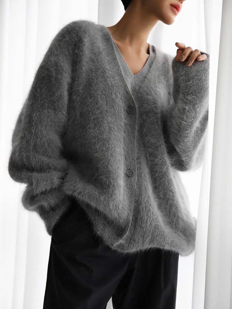 Loose V-neck Button Cardigan Fall Winter Fashion Single Breasted Knitted Sweater Top Women's Clothing - Sluxe Fashions