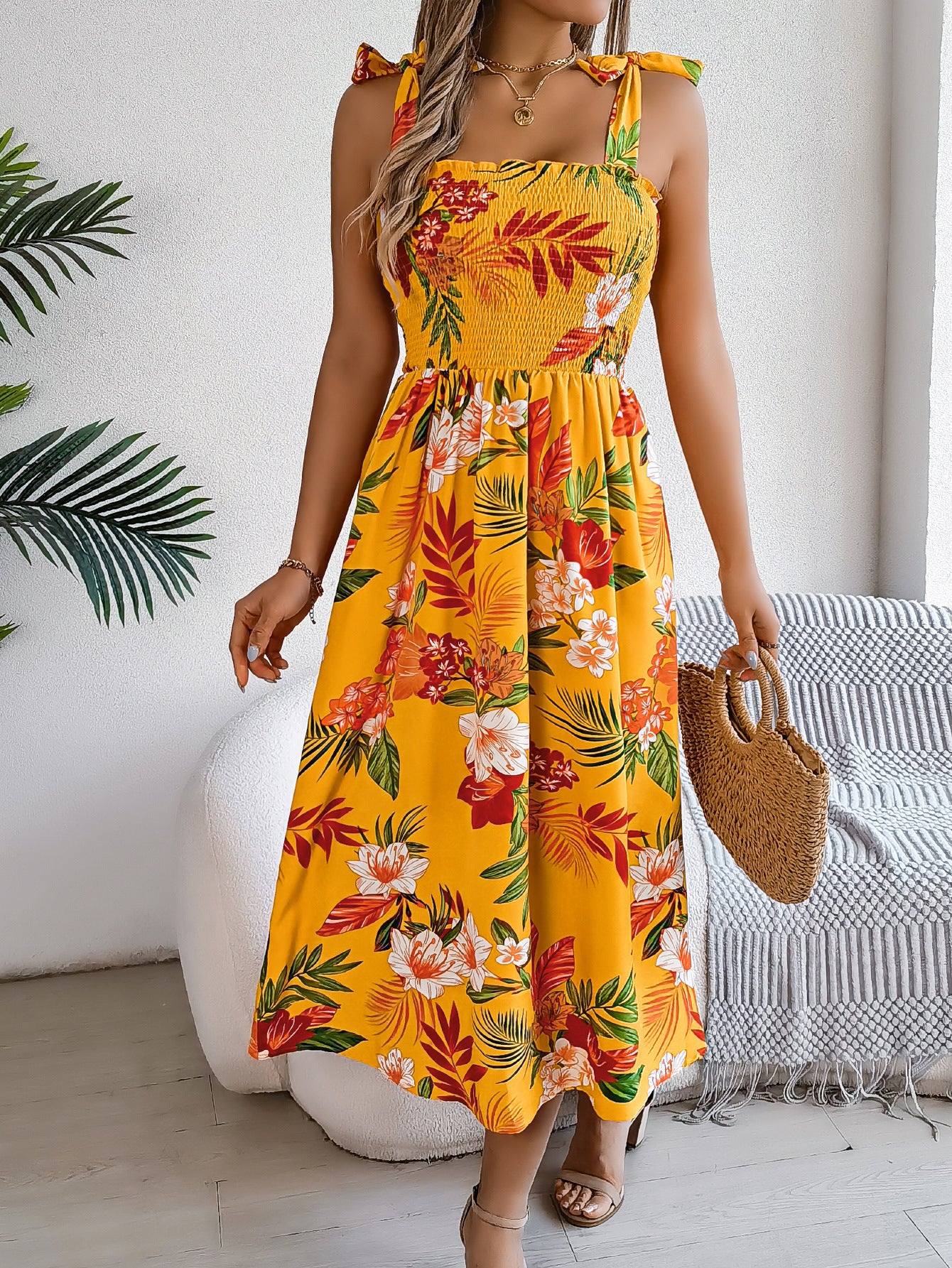Flowers Print Suspender Corset Dress Ins Fashion Holiday Beach Long Dresses Summer Clothing For Women - Sluxe Fashions