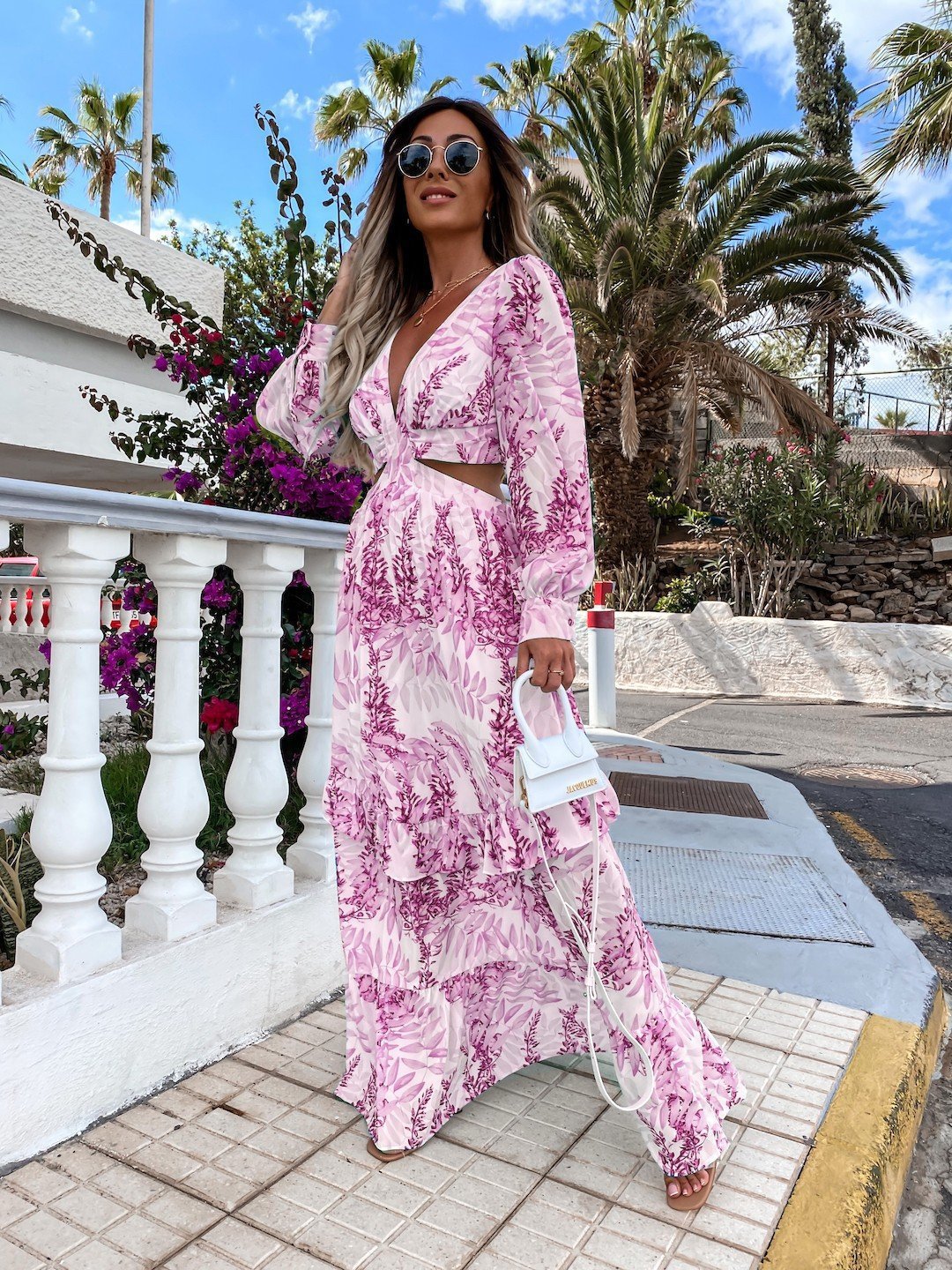 Elegant Women's Hollow Floor V-neck Long-sleeved Plant Dress Long Dresses Spring Summer Print V-neck Long Sleeve Dress - Sluxe Global