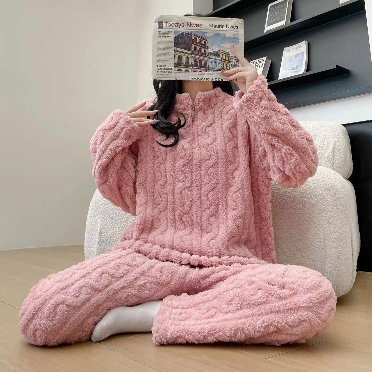 Autumn And Winter New Twist Zipper Couple Fleece-lined Thick Coral Fleece Pajamas Homewear Loungewear Sleepwear For Sleeping - Sluxe Fashions