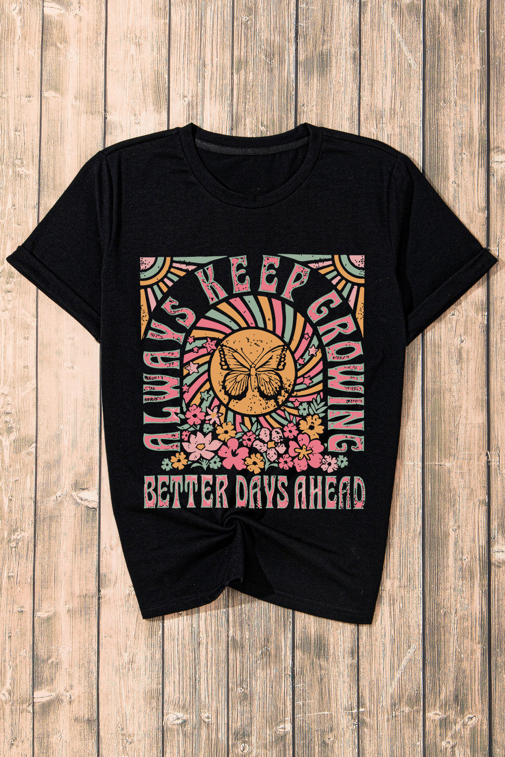 Black Always Keep Growing Butterfly Flower Graphic Tee - Sluxe Fashions