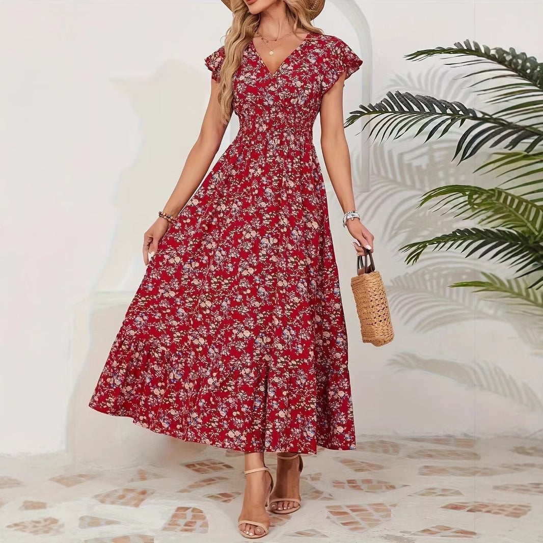 Fashion Floral Long Sleeve Waist Swing Dress - Sluxe Global