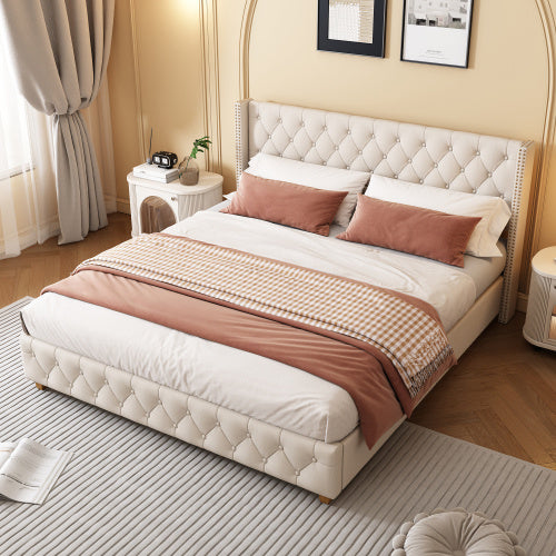 Upholstered Bed,Double Bed-4ft6 135x190cm ,With Slatted Frame And Headboard, Button Upholstery, Rivet Upholstery, Wooden Legs, Linen, Beige