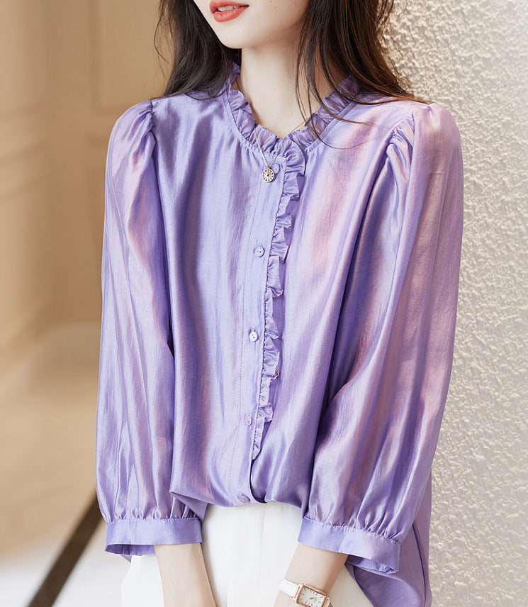 Nine-quarter Sleeve Shirt Women's Puff Sleeve Thin Solid Color Top - Sluxe Global