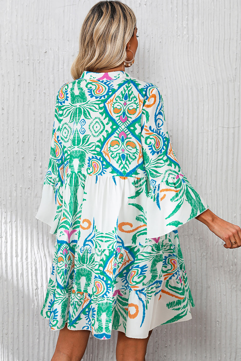 White Ethnic Print Boho Button Tiered Mini Dress - Sluxe Fashions