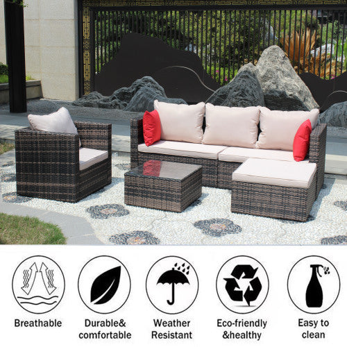 Rattan Patio Furniture Set Wicker Sofa Cushioned Sectional Furniture Set Garden Patio Sofa Set 4 Pieces, Brown - Sluxe Global