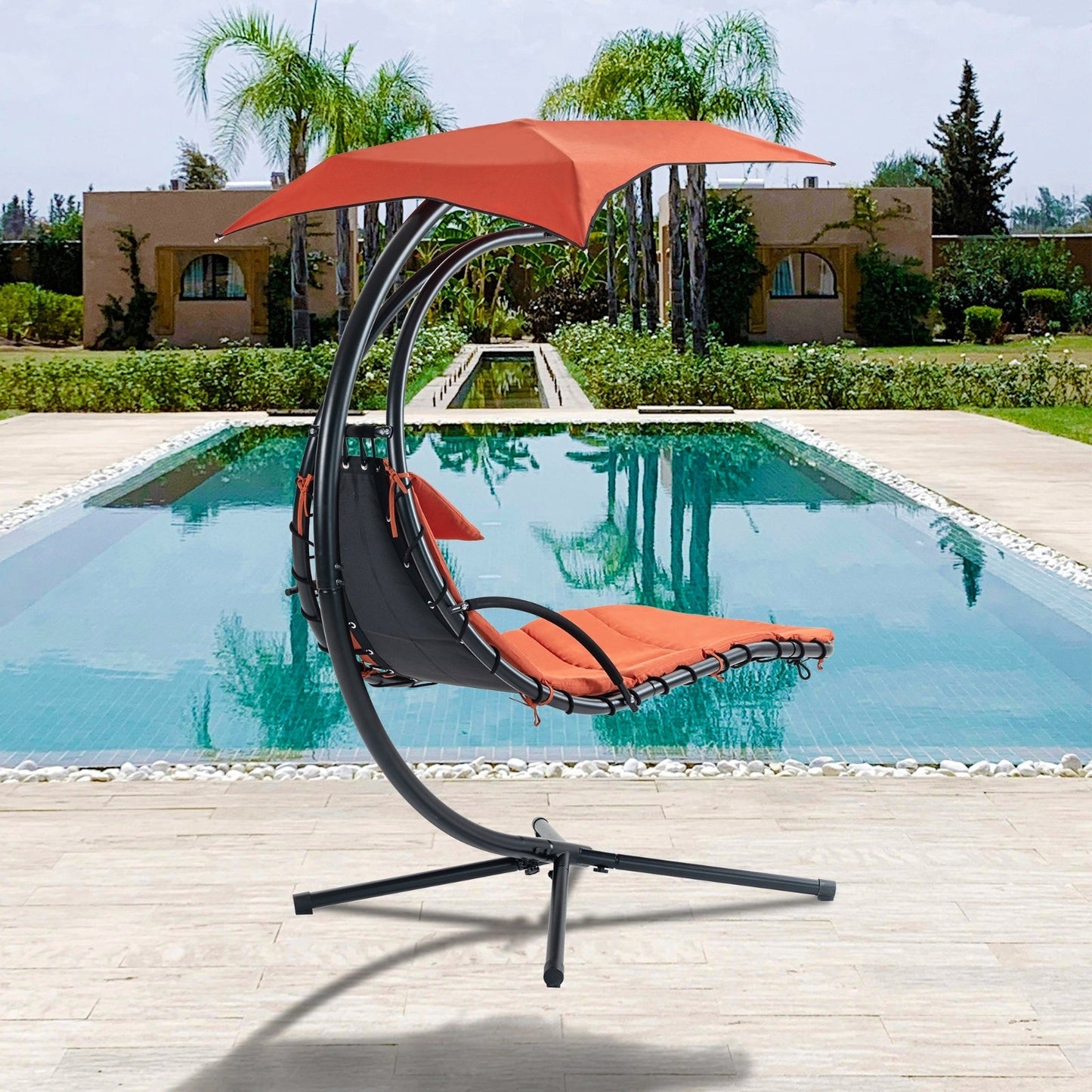 Hanging Chaise Lounger With Removable Canopy, Outdoor Swing Chair With Built-in Pillow, Hanging Curv Sluxe Global