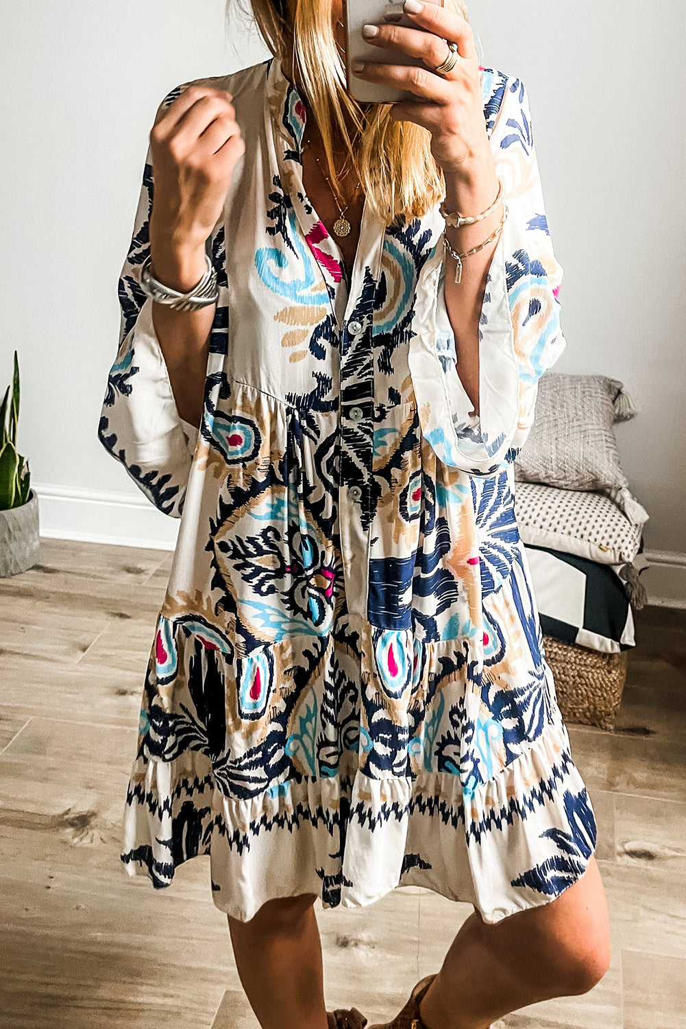 White Ethnic Print Boho Button Tiered Mini Dress - Sluxe Fashions