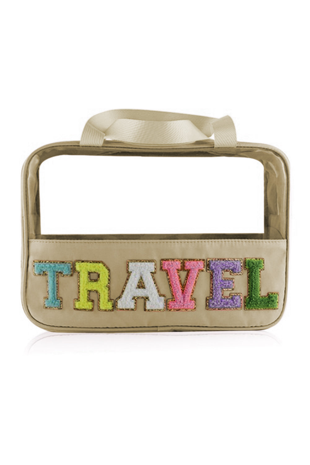 Black TRAVEL Chenille Letter Clear PVC Makeup Bag - Sluxe Fashions