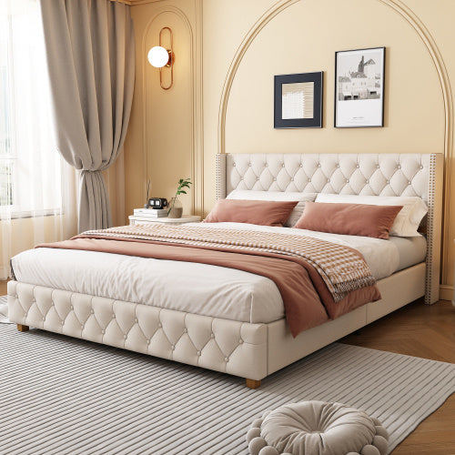 Upholstered Bed,Double Bed-4ft6 135x190cm ,With Slatted Frame And Headboard, Button Upholstery, Rivet Upholstery, Wooden Legs, Linen, Beige