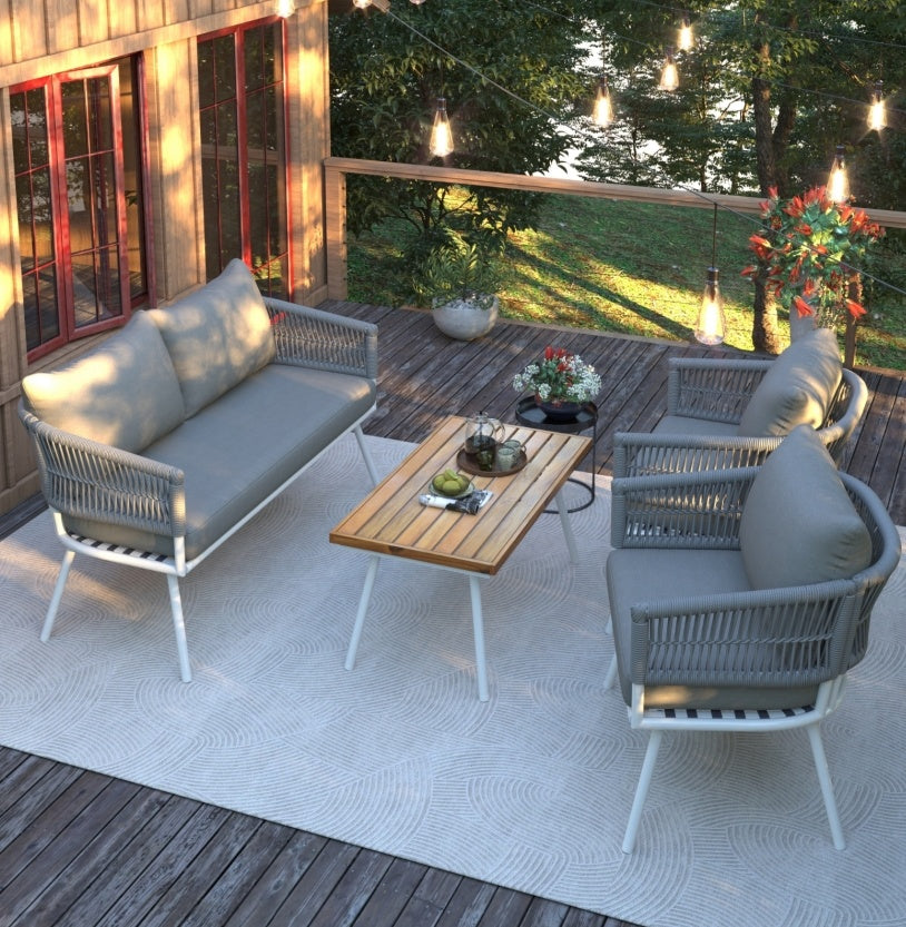 K&K 4-Piece Boho Rope Patio Furniture Set, Outdoor Furniture With Acacia Wood Table, Patio Conversat - Sluxe Global