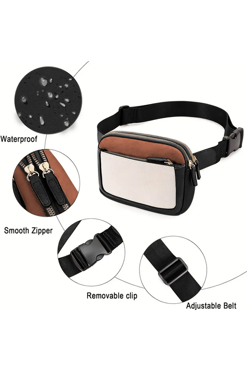 White Color Block Adjustable Belt PU Leather Crossbody Bag - Sluxe Fashions