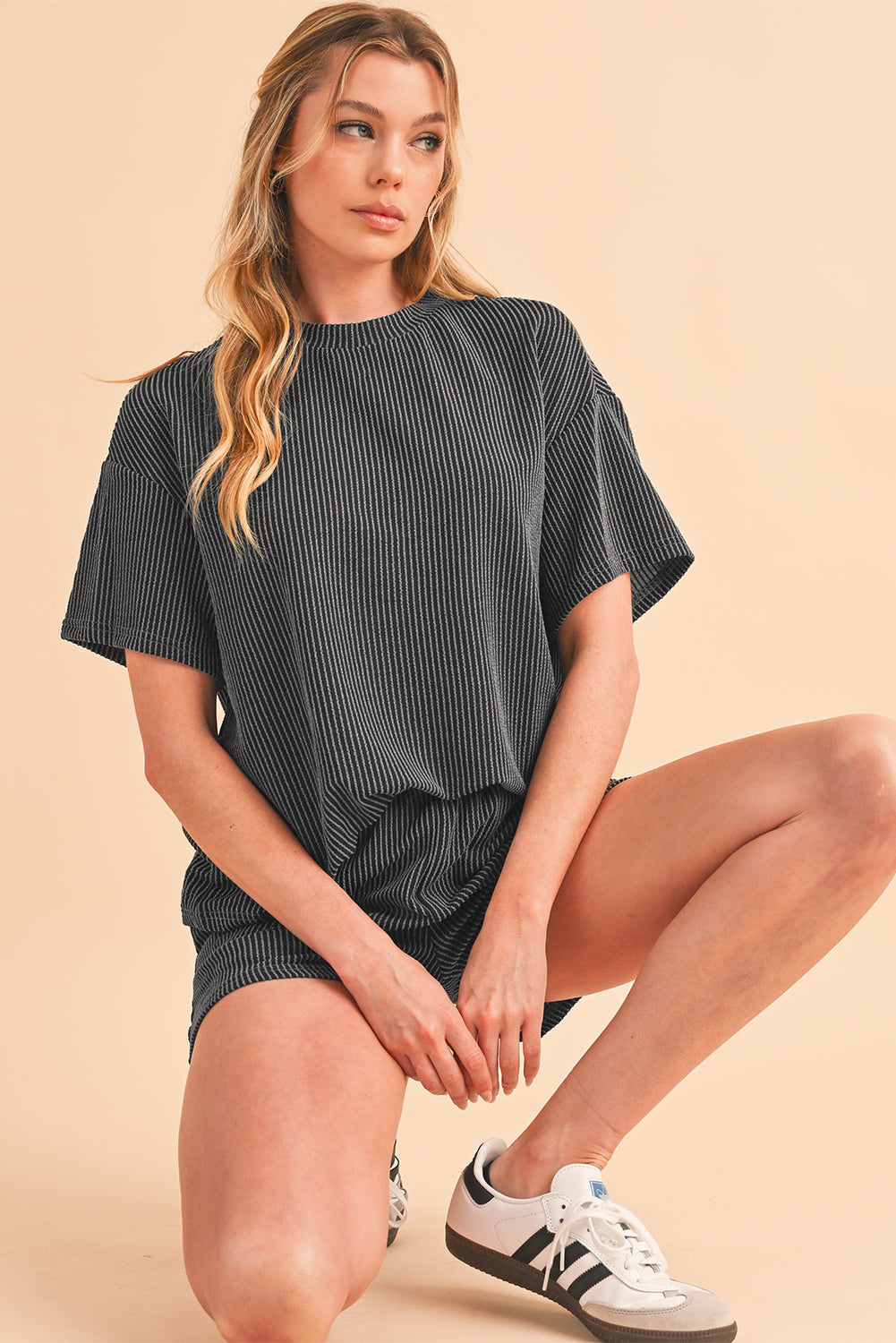 Orange Ribbed Textured Loose Fit Tee & Shorts Set - Sluxe Fashions