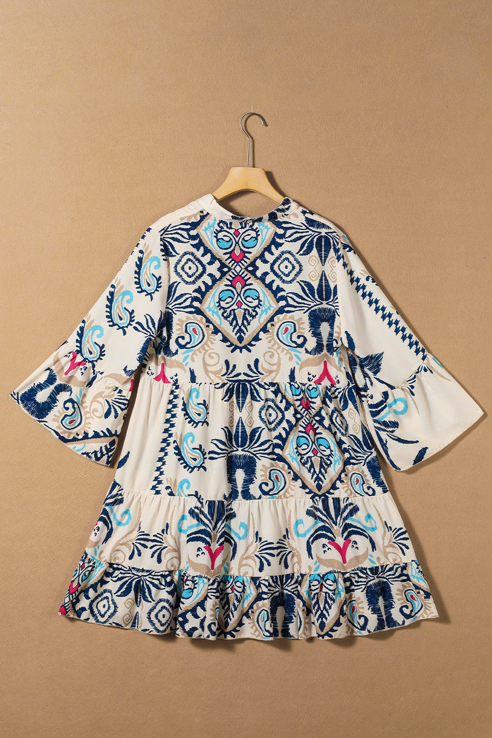 White Ethnic Print Boho Button Tiered Mini Dress - Sluxe Fashions