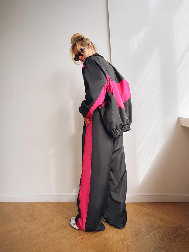 Casual Loose Color Matching Long Sleeve Zipper Cardigan Sports Suit - Sluxe Global