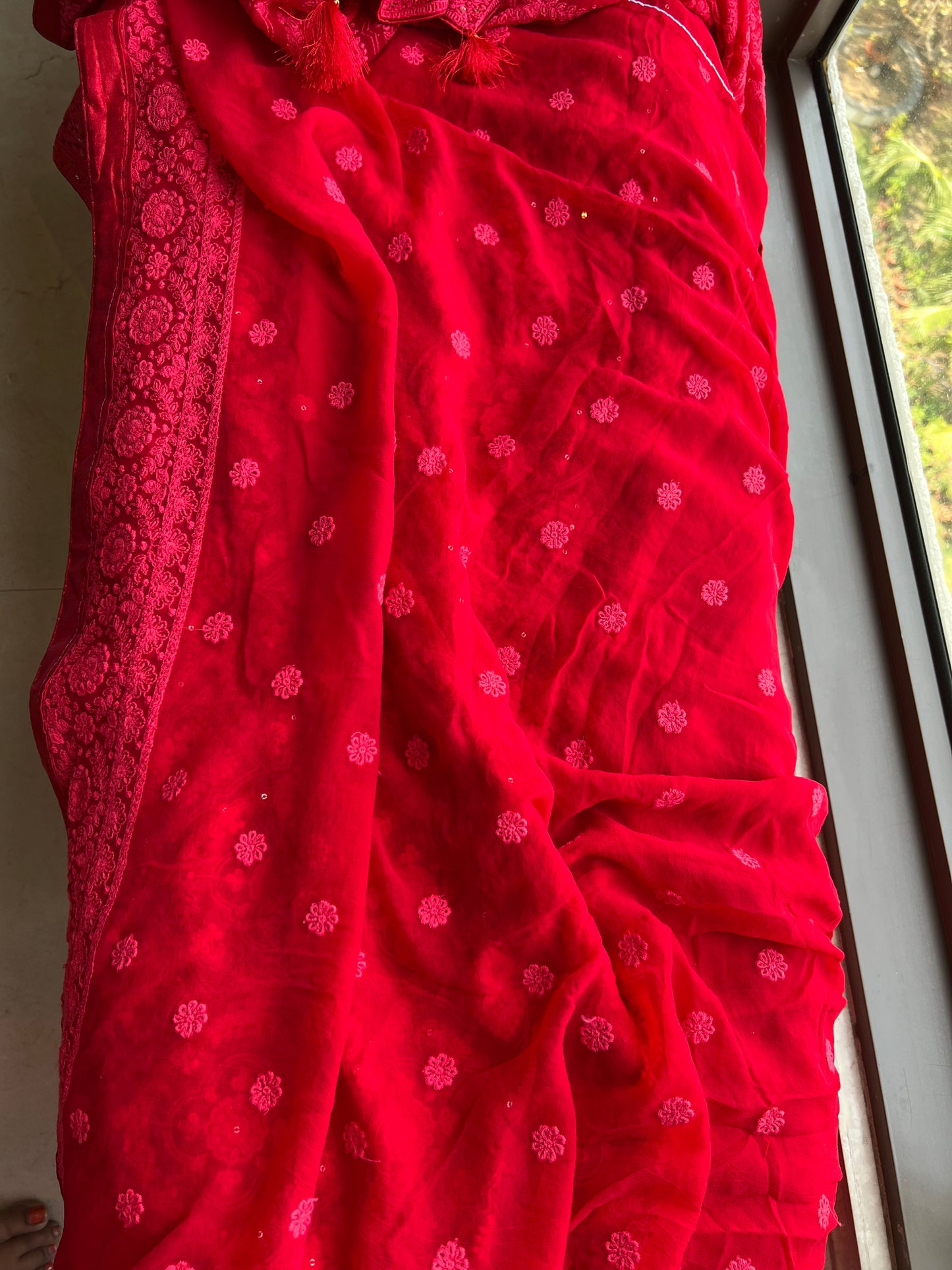 Red Saree Chikankari saree Indian sari blouse - Sluxe Fashions