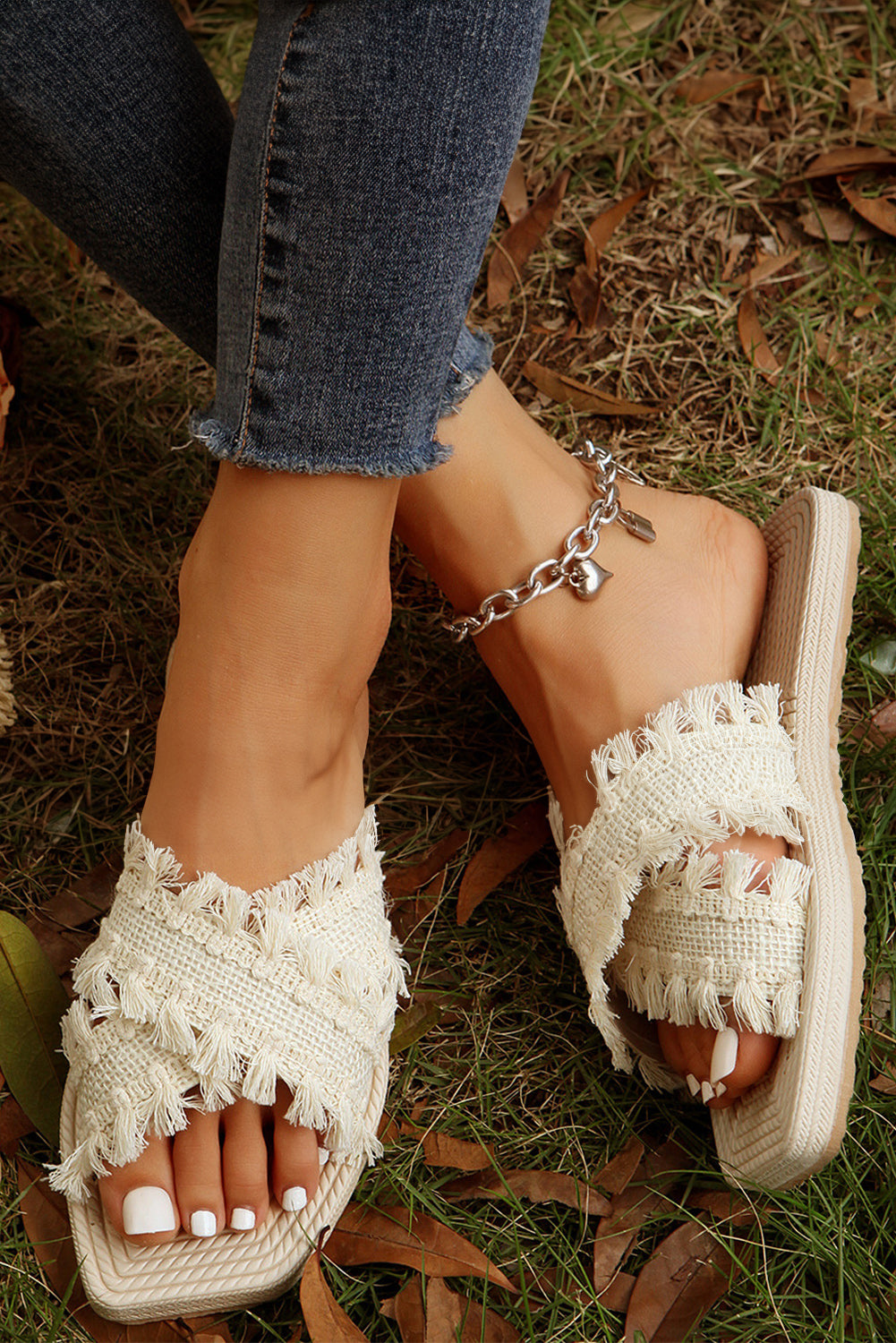 Beige Tassel Woven Crossed Straps Flat Slides Shoes - Sluxe Fashions