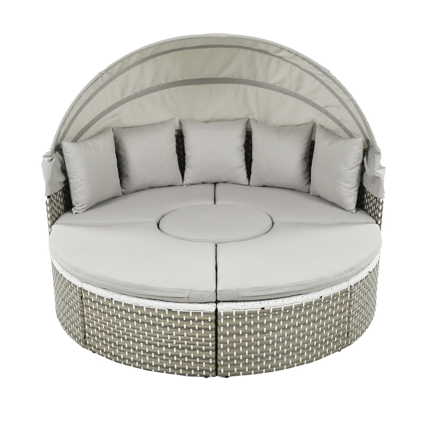 TOPMAX Patio Furniture Round Outdoor Sectional Sofa Set Rattan Daybed Two-Tone Weave Sunbed With Ret - Sluxe Global