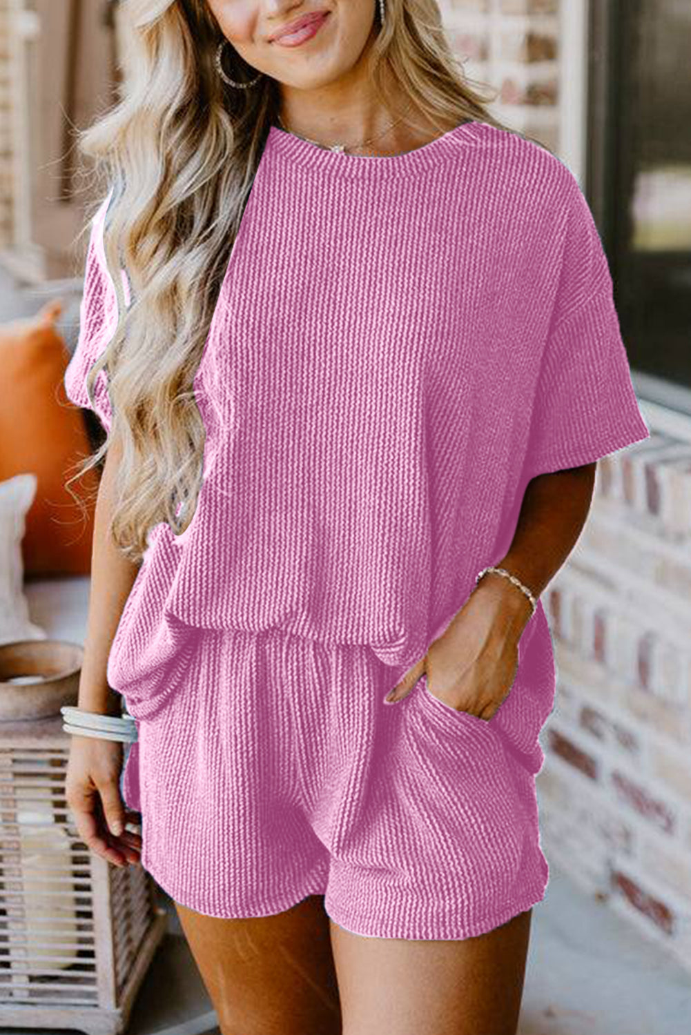 Orange Ribbed Textured Loose Fit Tee & Shorts Set - Sluxe Fashions