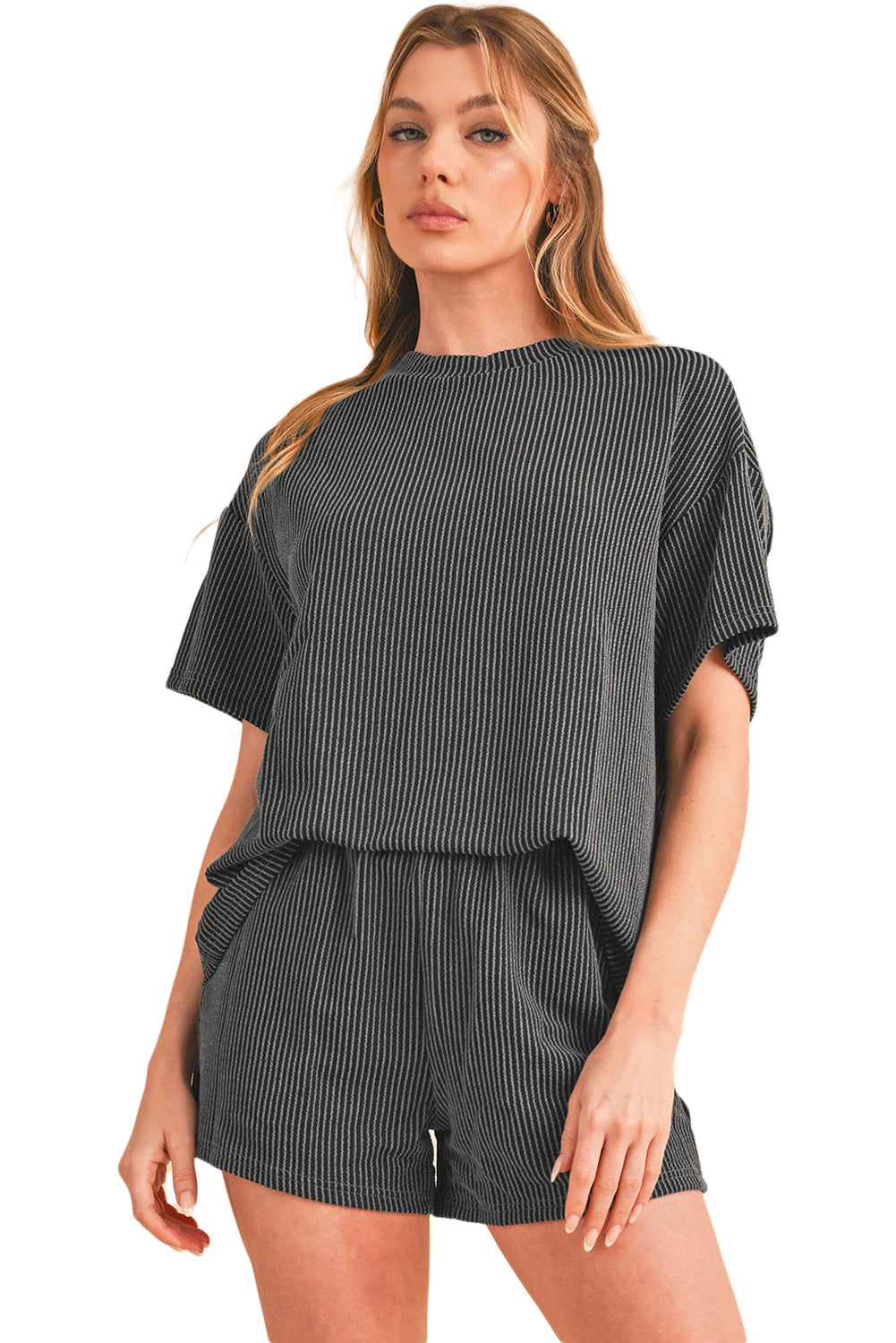 Orange Ribbed Textured Loose Fit Tee & Shorts Set - Sluxe Fashions