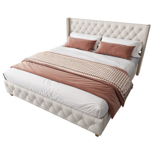 Upholstered Bed,Double Bed-4ft6 135x190cm ,With Slatted Frame And Headboard, Button Upholstery, Rivet Upholstery, Wooden Legs, Linen, Beige Sluxe Global