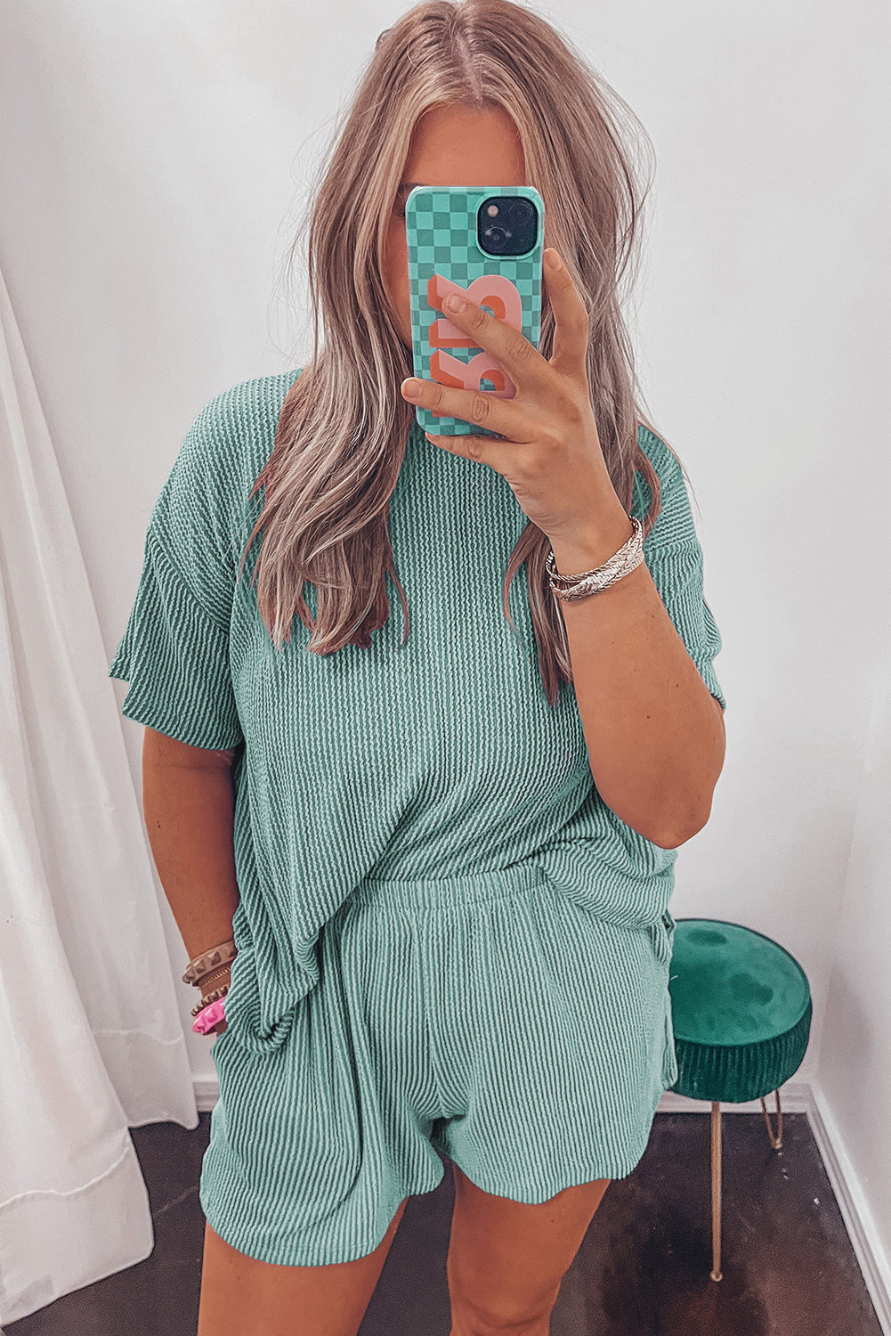 Orange Ribbed Textured Loose Fit Tee & Shorts Set - Sluxe Fashions