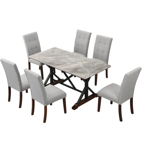 Modern Dining Table For 6-8, 7 Piece Kitchen Dining Table Set, Gray Sintered Stone Dining Table With 6 Tufted Upholstered Chairs, 63-inch Rectangle Dining Table For Dining Room - Sluxe Global