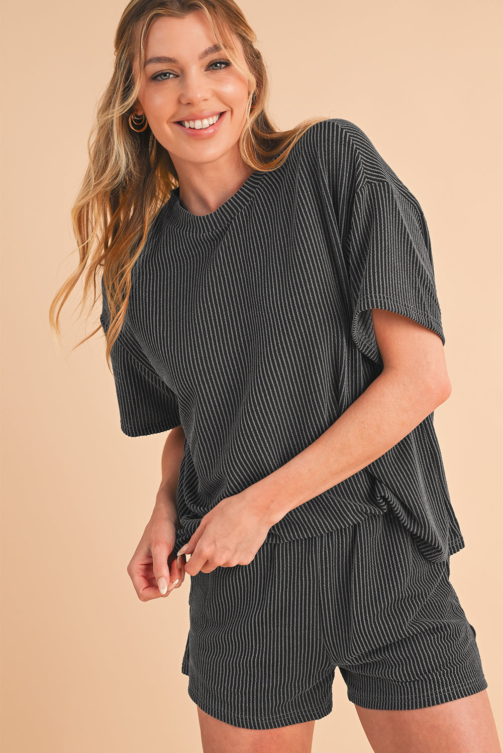 Orange Ribbed Textured Loose Fit Tee & Shorts Set - Sluxe Fashions