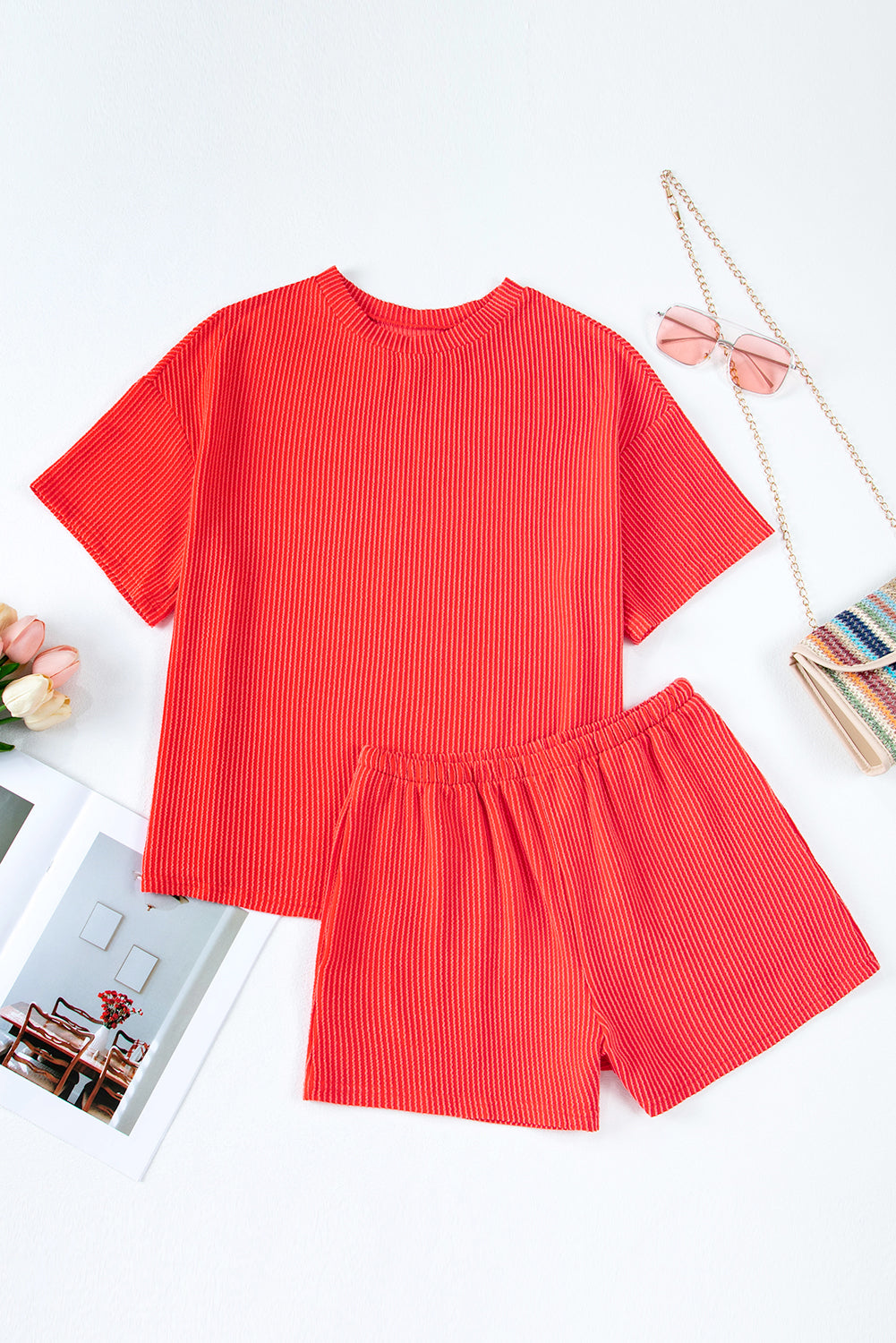 Orange Ribbed Textured Loose Fit Tee & Shorts Set - Sluxe Fashions